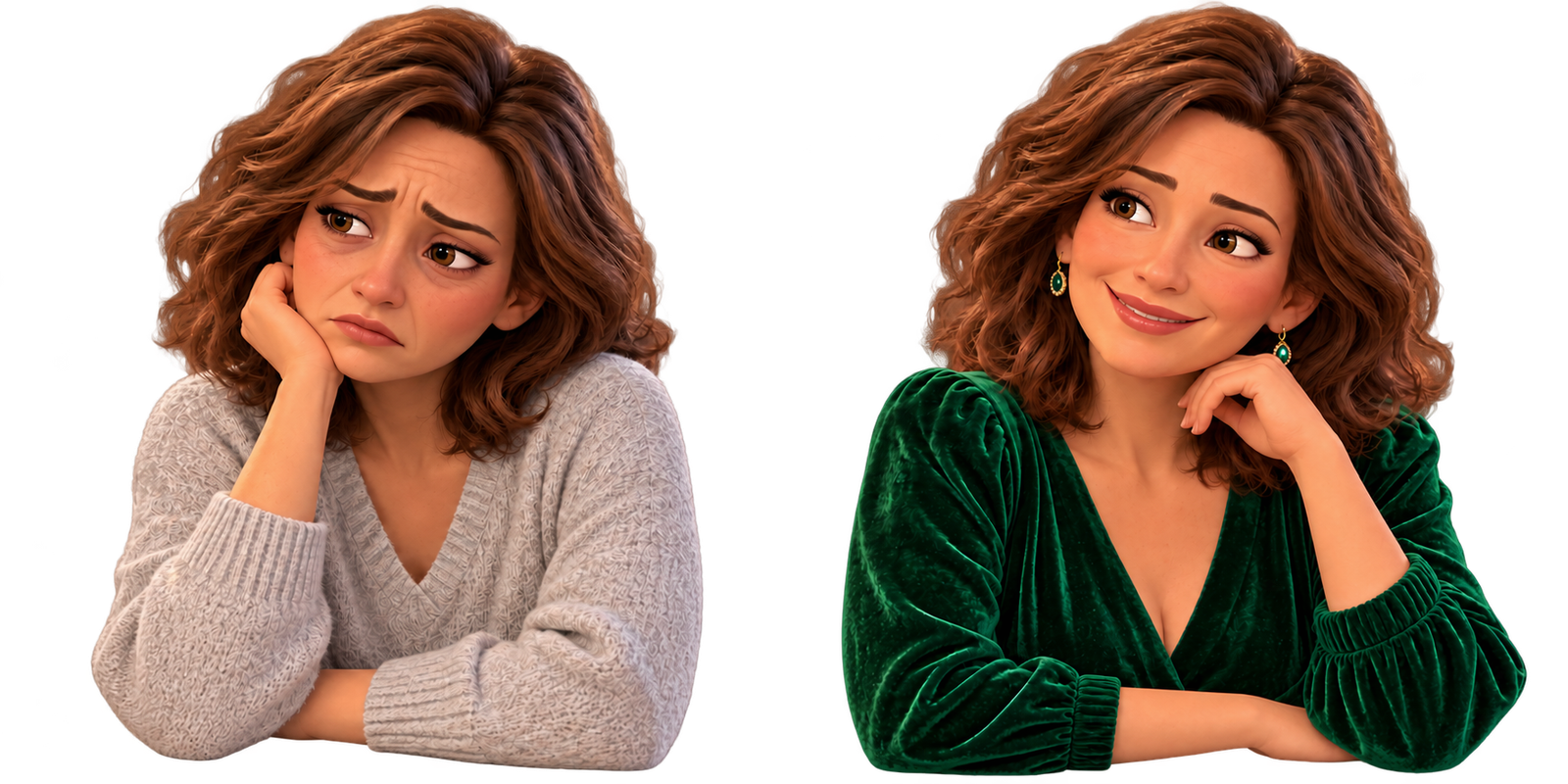 Ilustração 3D de uma mulher triste diante do espelho